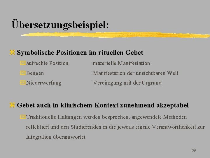 Übersetzungsbeispiel: z Symbolische Positionen im rituellen Gebet y aufrechte Position materielle Manifestation y Beugen