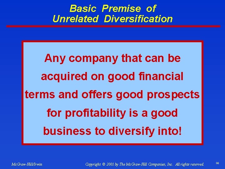 Basic Premise of Unrelated Diversification Any company that can be acquired on good financial