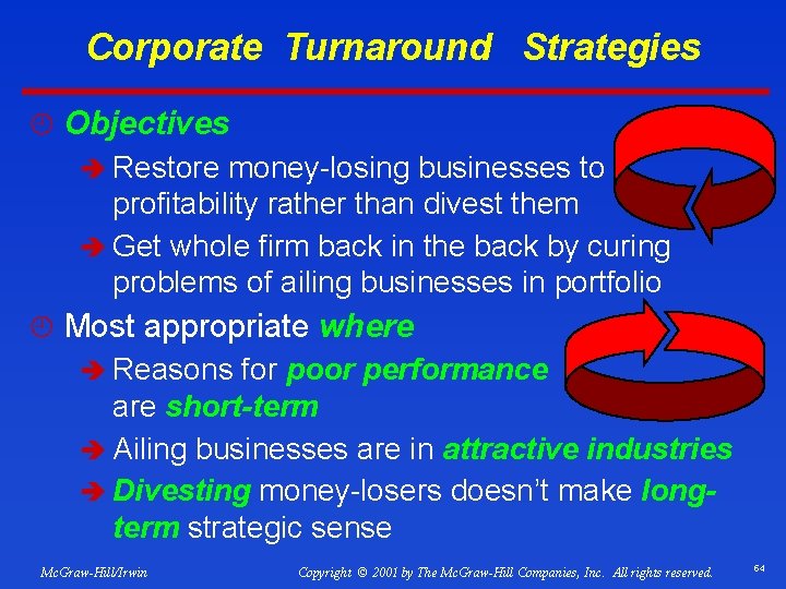 Corporate Turnaround Strategies ¿ Objectives è Restore money-losing businesses to profitability rather than divest