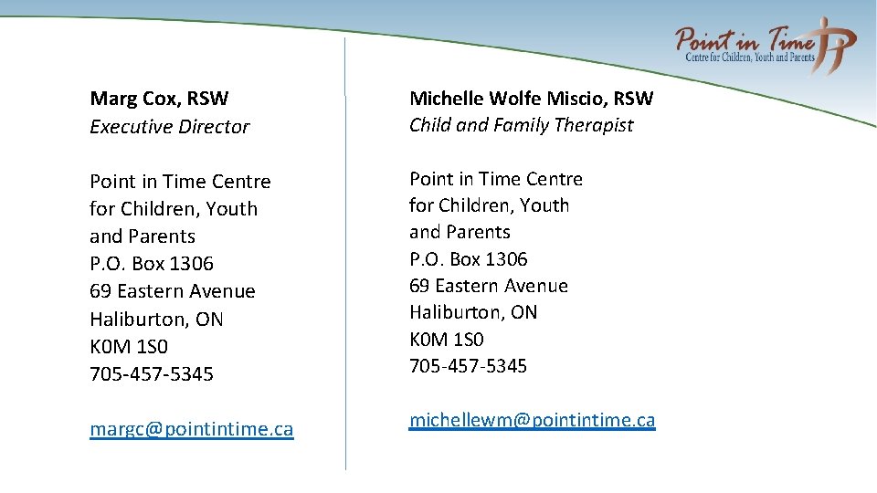 Marg Cox, RSW Executive Director Michelle Wolfe Miscio, RSW Child and Family Therapist Point