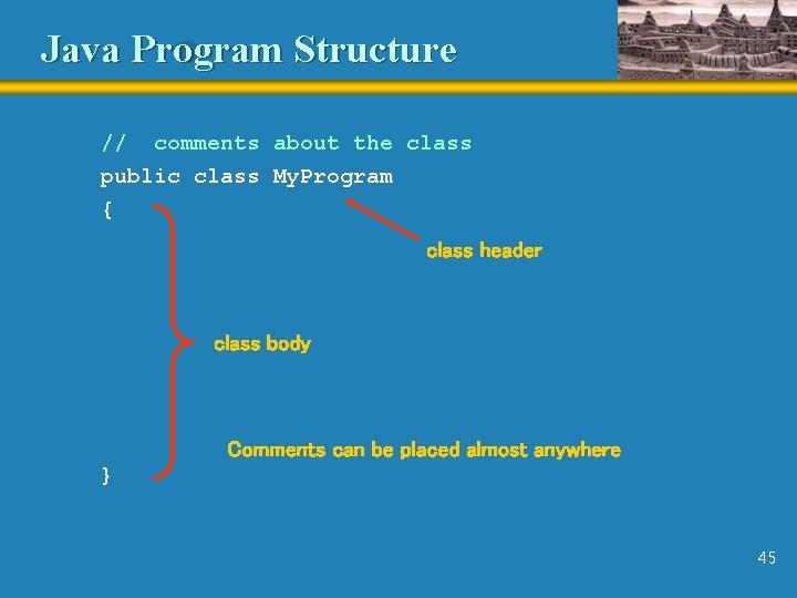 Java Program Structure // comments about the class public class My. Program { class