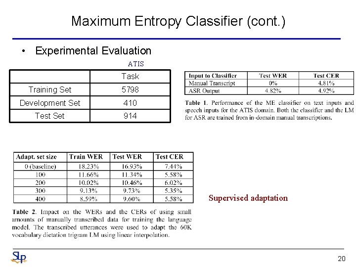 Maximum Entropy Classifier (cont. ) • Experimental Evaluation ATIS Task Training Set 5798 Development