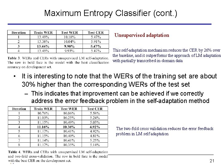 Maximum Entropy Classifier (cont. ) Unsupervised adaptation This self-adaptation mechanism reduces the CER by
