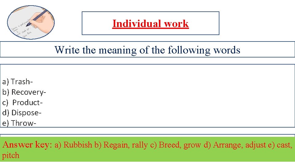 Individual work Write the meaning of the following words a) Trashb) Recoveryc) Productd) Disposee)