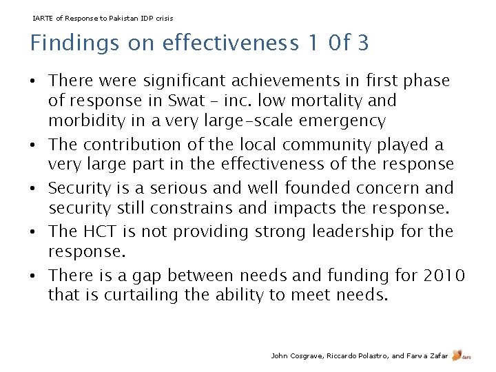 IARTE of Response to Pakistan IDP crisis Findings on effectiveness 1 0 f 3