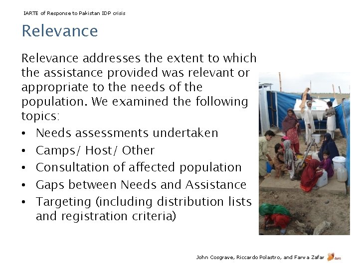 IARTE of Response to Pakistan IDP crisis Relevance addresses the extent to which the