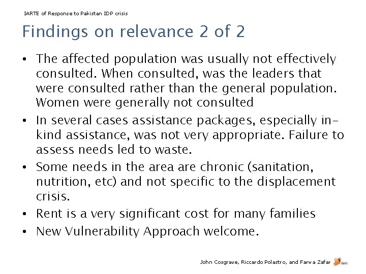 IARTE of Response to Pakistan IDP crisis Findings on relevance 2 of 2 •