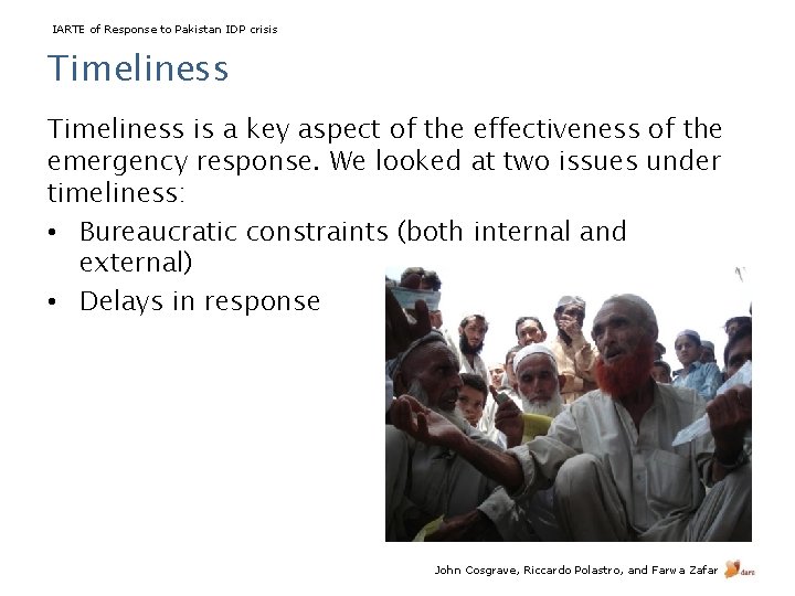 IARTE of Response to Pakistan IDP crisis Timeliness is a key aspect of the