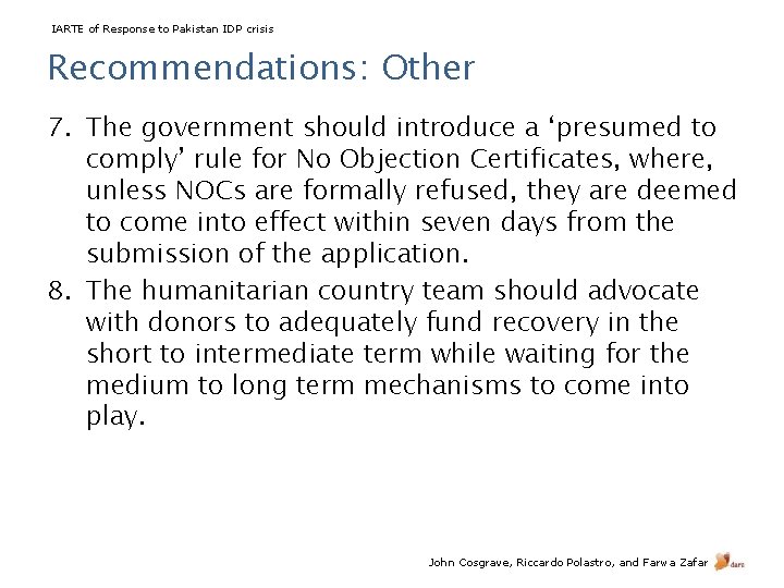 IARTE of Response to Pakistan IDP crisis Recommendations: Other 7. The government should introduce