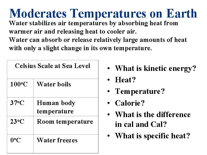Moderates Temperatures on Earth Water stabilizes air temperatures by absorbing heat from warmer air