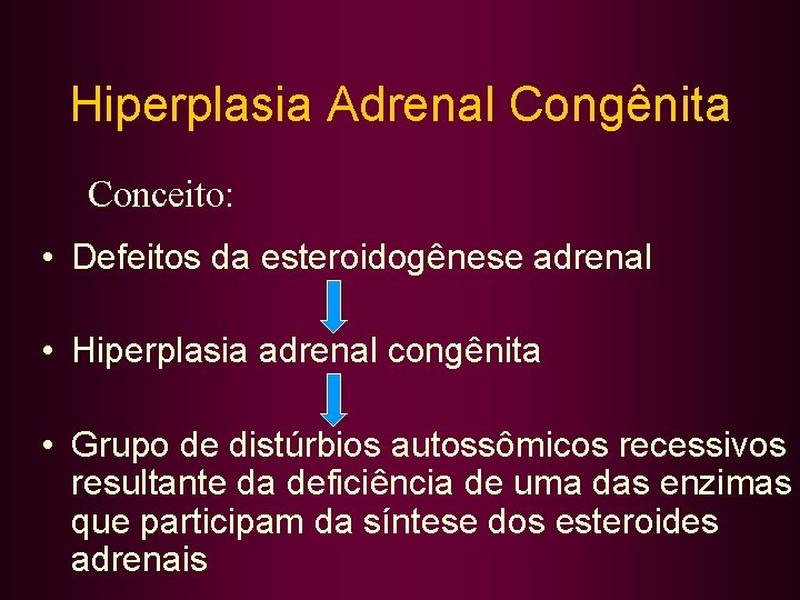 Hiperplasia Adrenal Congênita Conceito: • Defeitos da esteroidogênese adrenal • Hiperplasia adrenal congênita •