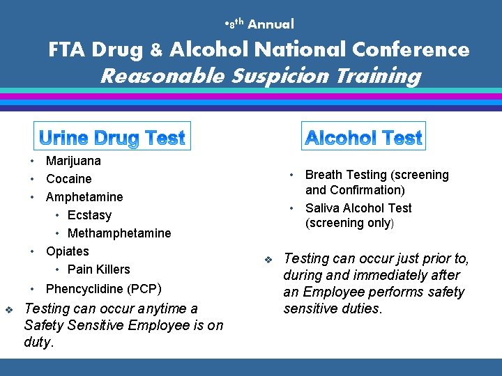  • 8 th Annual FTA Drug & Alcohol National Conference Reasonable Suspicion Training