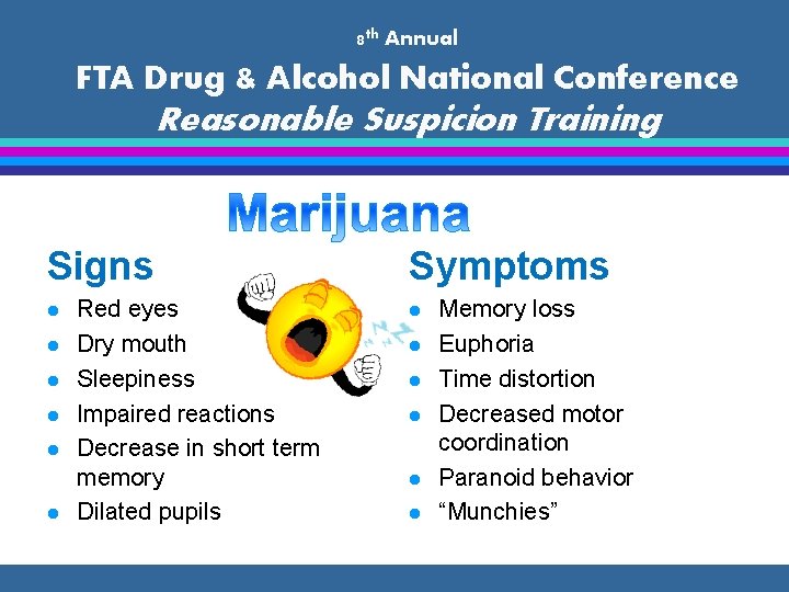 8 th Annual FTA Drug & Alcohol National Conference Reasonable Suspicion Training Signs l