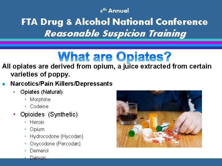 8 th Annual FTA Drug & Alcohol National Conference Reasonable Suspicion Training All opiates