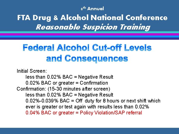 8 th Annual FTA Drug & Alcohol National Conference Reasonable Suspicion Training Initial Screen: