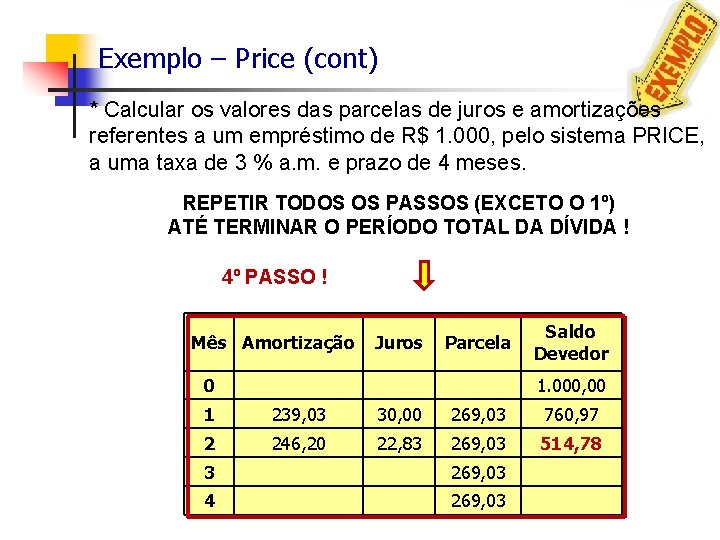 Exemplo – Price (cont) * Calcular os valores das parcelas de juros e amortizações