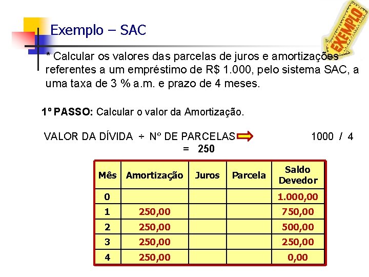Exemplo – SAC * Calcular os valores das parcelas de juros e amortizações referentes