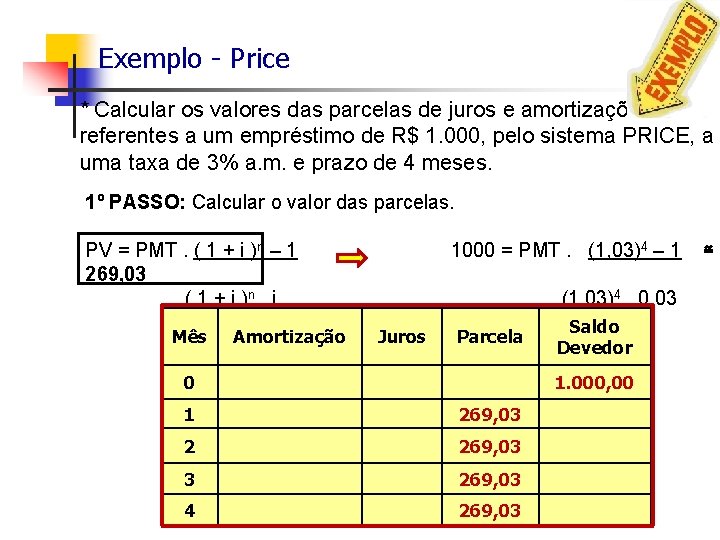 Exemplo - Price * Calcular os valores das parcelas de juros e amortizações referentes