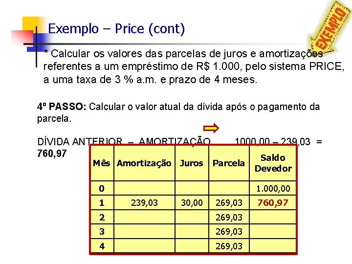 Exemplo – Price (cont) * Calcular os valores das parcelas de juros e amortizações