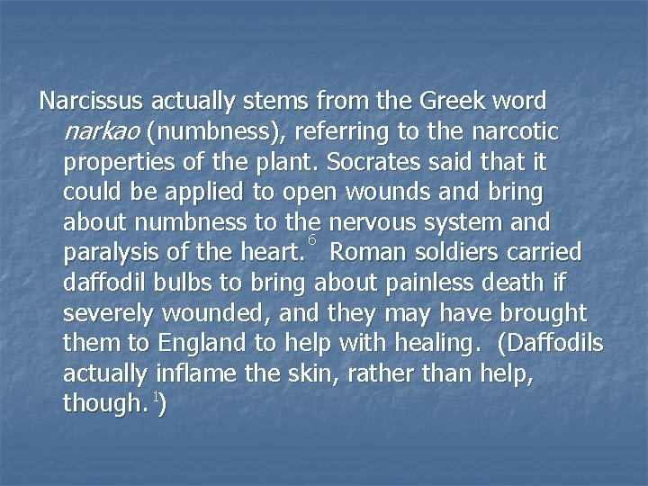 Narcissus actually stems from the Greek word narkao (numbness), referring to the narcotic properties