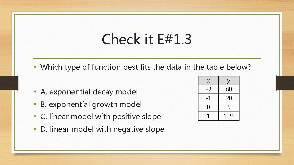 Check it E#1. 3 • Which type of function best fits the data in