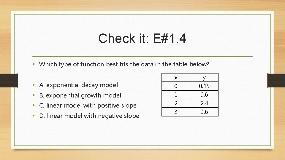 Check it: E#1. 4 • Which type of function best fits the data in