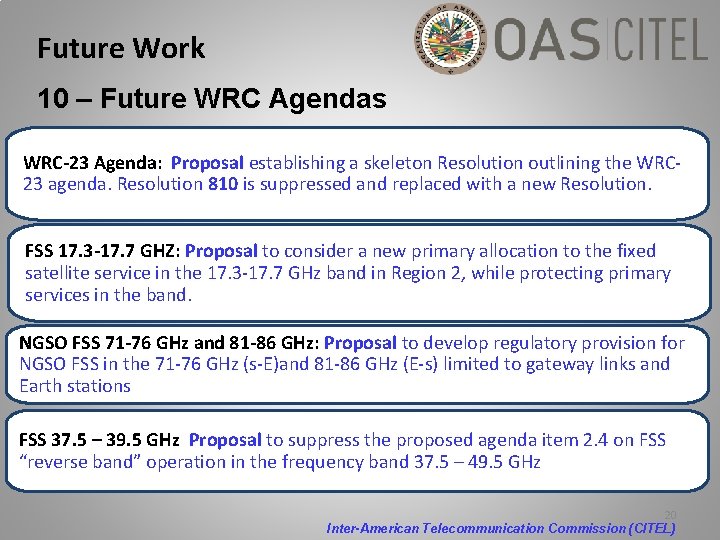 Future Work 10 – Future WRC Agendas WRC-23 Agenda: Proposal establishing a skeleton Resolution