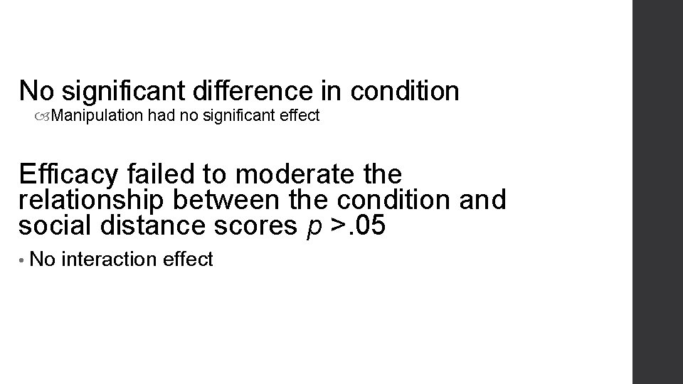 No significant difference in condition Manipulation had no significant effect Efficacy failed to moderate