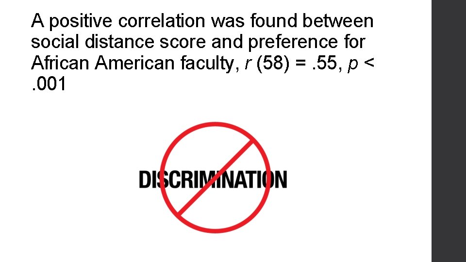 A positive correlation was found between social distance score and preference for African American