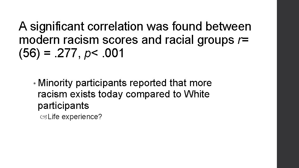 A significant correlation was found between modern racism scores and racial groups r= (56)