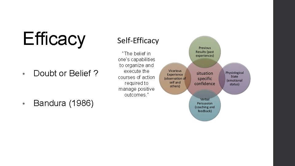 Efficacy • Doubt or Belief ? • Bandura (1986) “The belief in one’s capabilities