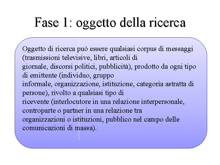 Fase 1: oggetto della ricerca Oggetto di ricerca può essere qualsiasi corpus di messaggi Fase 1: oggetto della ricerca Oggetto di ricerca può essere qualsiasi corpus di messaggi