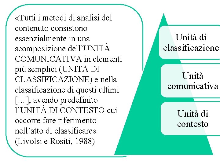 «Tutti i metodi di analisi del contenuto consistono essenzialmente in una scomposizione dell’UNITÀ «Tutti i metodi di analisi del contenuto consistono essenzialmente in una scomposizione dell’UNITÀ