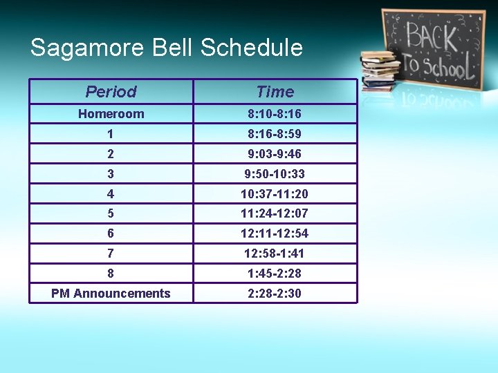 Sagamore Bell Schedule Period Time Homeroom 8: 10 -8: 16 1 8: 16 -8: