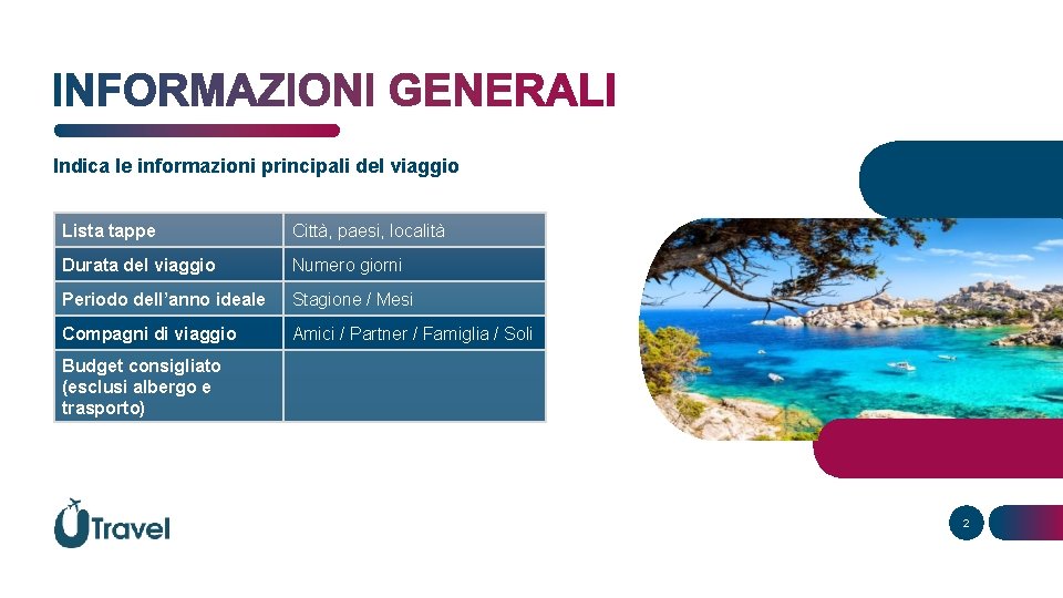 Indica le informazioni principali del viaggio Lista tappe Città, paesi, località Durata del viaggio