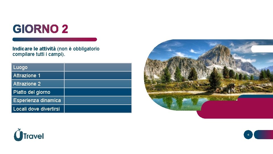 Indicare le attività (non è obbligatorio compilare tutti i campi). Luogo Attrazione 1 Attrazione