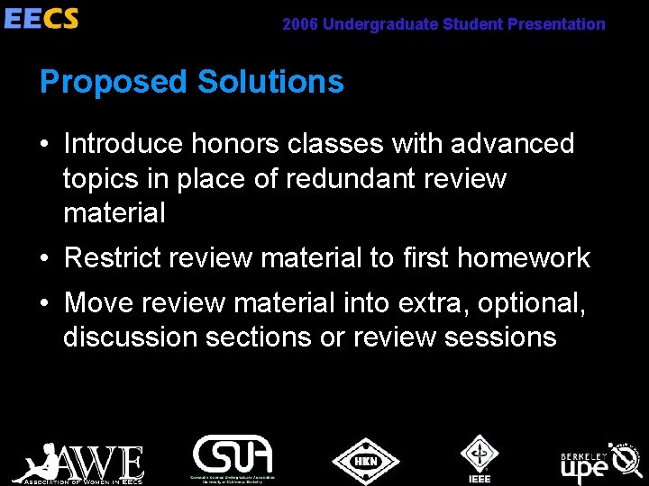 2006 Undergraduate Student Presentation Proposed Solutions • Introduce honors classes with advanced topics in