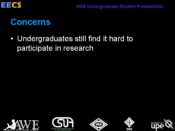 2006 Undergraduate Student Presentation Concerns • Undergraduates still find it hard to participate in