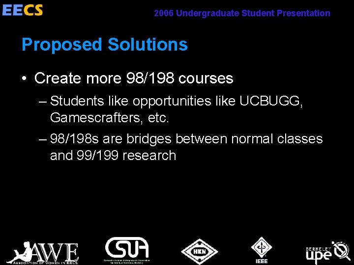 2006 Undergraduate Student Presentation Proposed Solutions • Create more 98/198 courses – Students like
