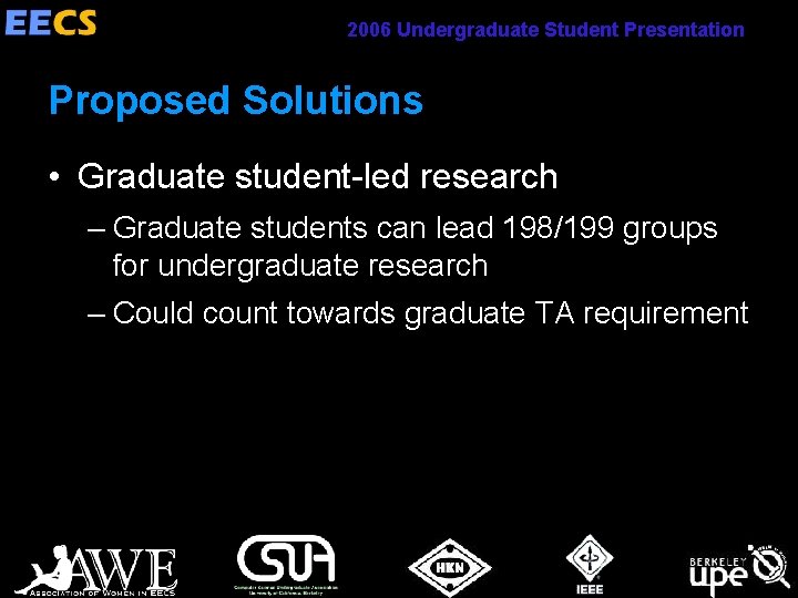 2006 Undergraduate Student Presentation Proposed Solutions • Graduate student-led research – Graduate students can