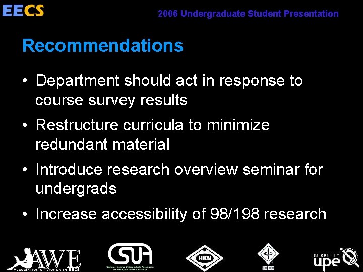 2006 Undergraduate Student Presentation Recommendations • Department should act in response to course survey