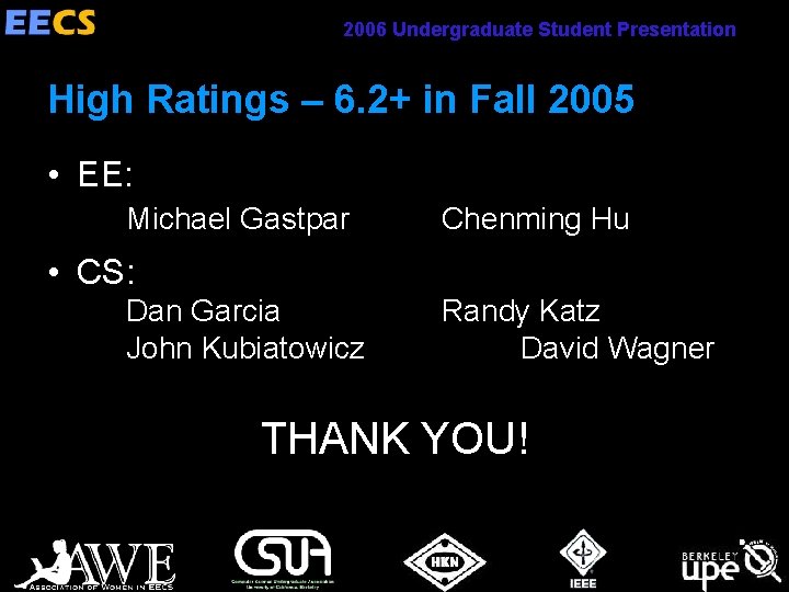 2006 Undergraduate Student Presentation High Ratings – 6. 2+ in Fall 2005 • EE: