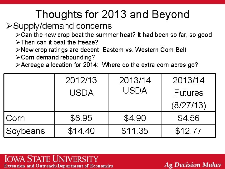 Thoughts for 2013 and Beyond ØSupply/demand concerns ØCan the new crop beat the summer