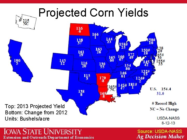 Projected Corn Yields Top: 2013 Projected Yield Bottom: Change from 2012 Units: Bushels/acre Source: