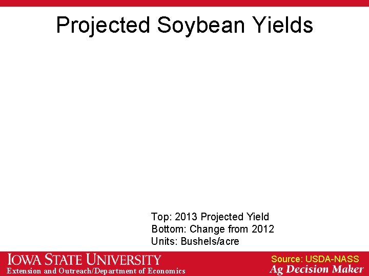 Projected Soybean Yields Top: 2013 Projected Yield Bottom: Change from 2012 Units: Bushels/acre Source: