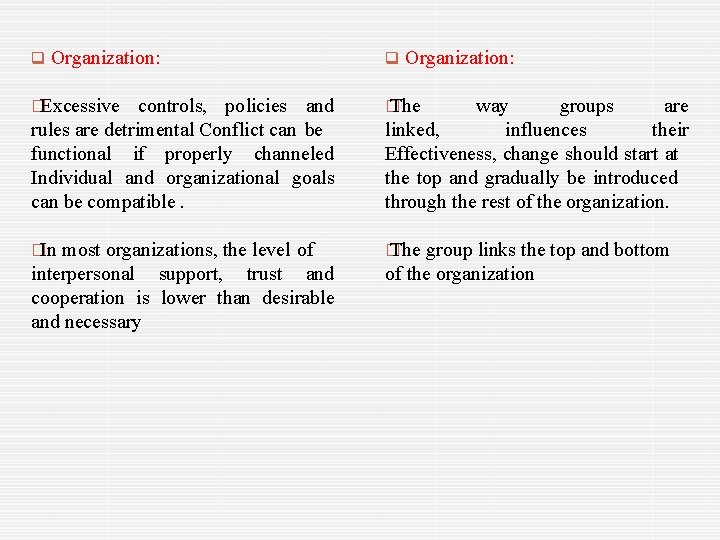  Organization: �Excessive controls, policies and rules are detrimental Conflict can be functional if