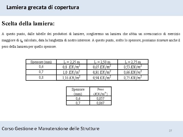 Lamiera grecata di copertura Scelta della lamiera: A questo punto, dalle tabelle dei produttori