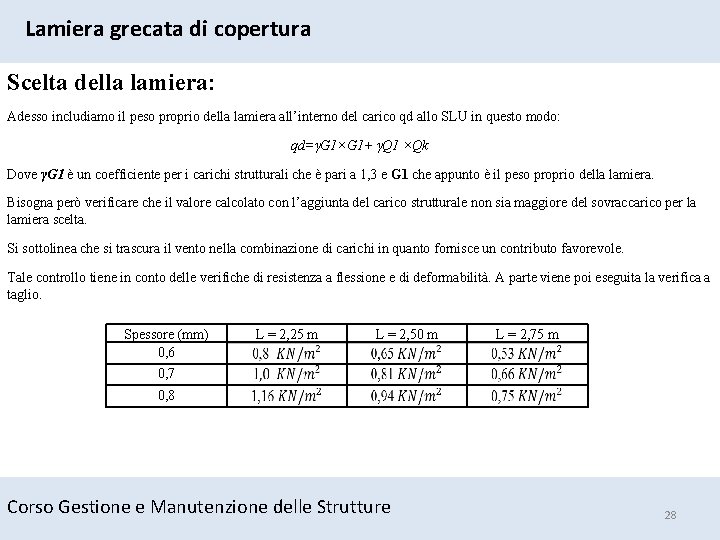 Lamiera grecata di copertura Scelta della lamiera: Adesso includiamo il peso proprio della lamiera