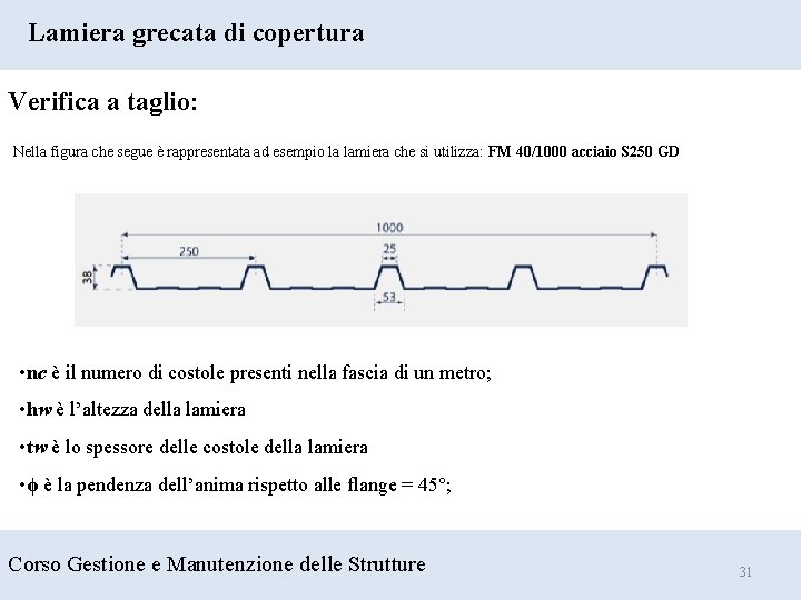 Lamiera grecata di copertura Verifica a taglio: Nella figura che segue è rappresentata ad