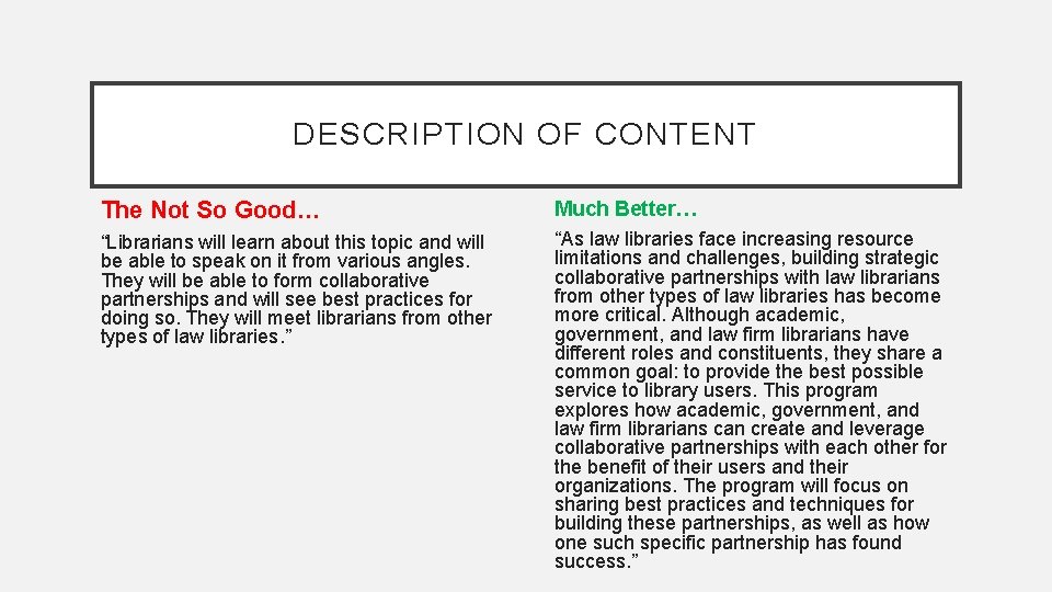 DESCRIPTION OF CONTENT The Not So Good… Much Better… “Librarians will learn about this